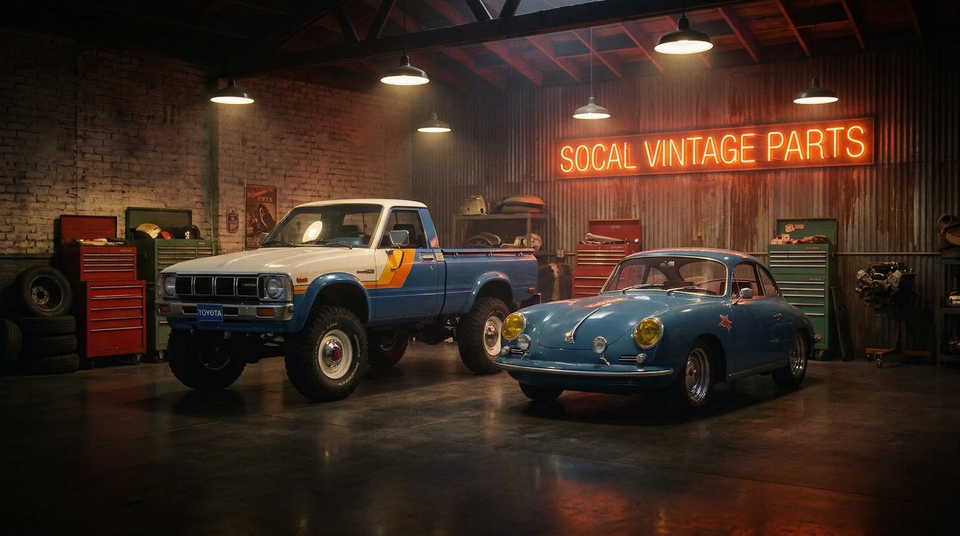 Vintage Toyota and Porsche in a Southern California garage